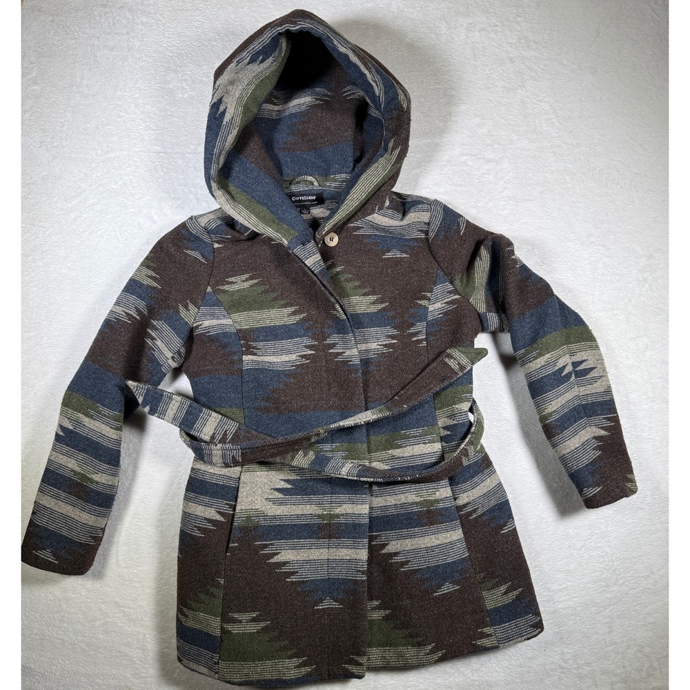 COFFEESHOP‎ Aztec Southwestern Print Hooded Belted Coat Jacket Women's Size L